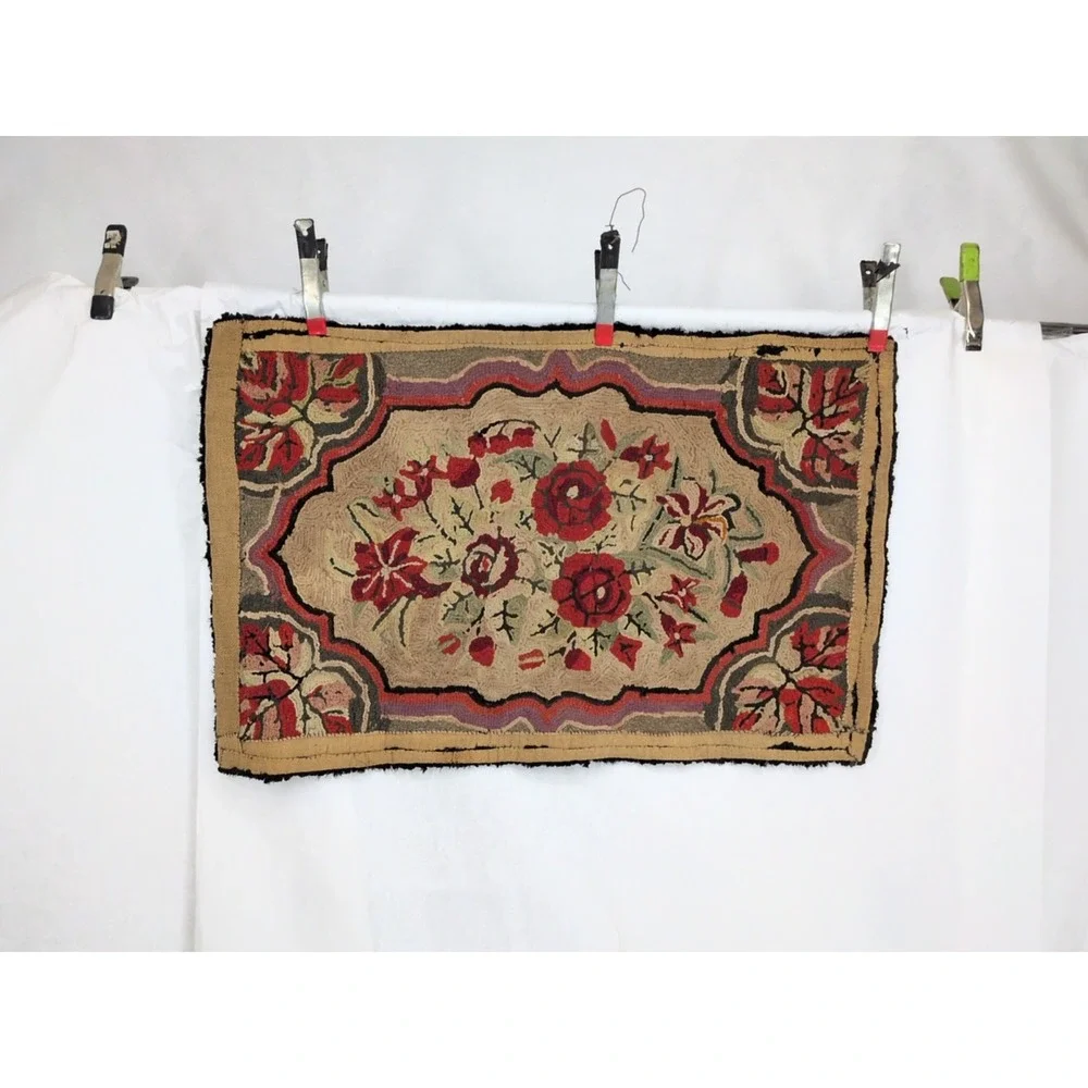 Vintage Hand Hooked Rug 24x37 Primitive Red Gold Floral Pattern Cottagecore